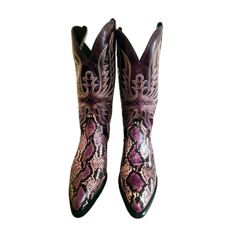VINTAGE Rare CODE WEST Purple Snakeskin Western Leather COWBOY BOOTS 7.5